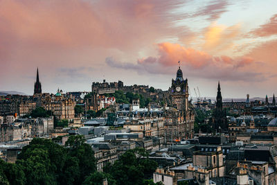 High angle view of edinburgh from calton hill at sunset.