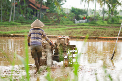 Rear view of man in lake during rainy season