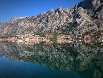 Scenic view of lake and mountains against clear sky