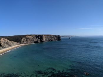 Scenic view of sea against clear blue sky