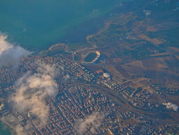 Aerial view of cityscape and sea