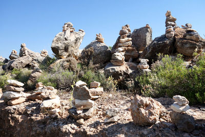 Panoramic view of rocks and trees against clear sky