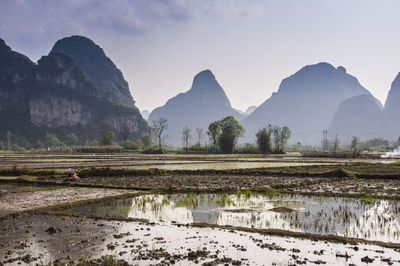 Scenic view of lake and mountains against sky