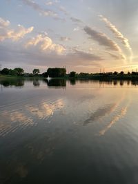 Scenic view of lake against sky at sunset