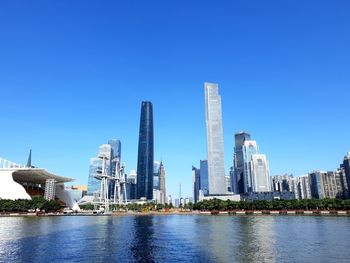 River by buildings against clear blue sky