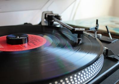 Close-up of record on turntable