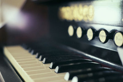 Vintage organ keyboard close up. defocused background.