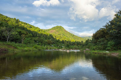 Scenic view of lake by trees against sky