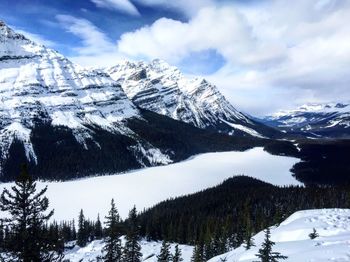 Low angle view of snowcapped mountains against sky