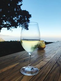 Close-up of wine glass on table against sky