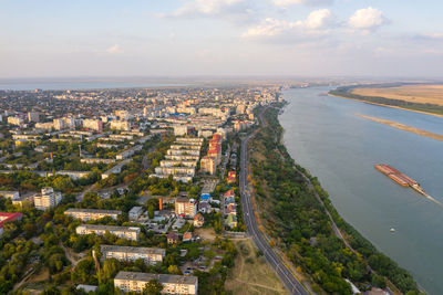 High angle view of buildings in city against sky