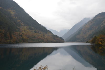 Scenic view of lake with mountains in background