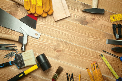 High angle view of work tools on table