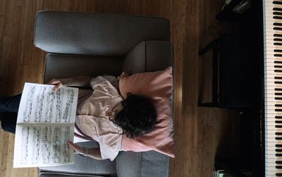 Directly above shot of man reading sheet music