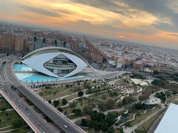 Aerial view of city during sunset