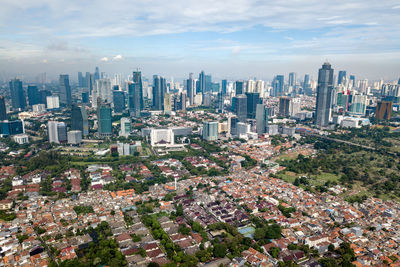 Aerial drone photograph of jakarta, capital city of indonesia.