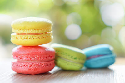 Close-up of multi colored candies on table