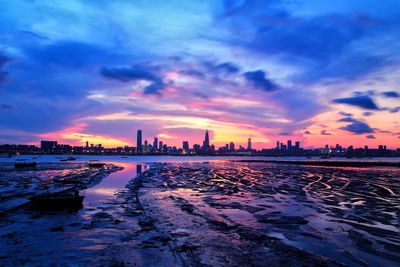 City at waterfront during sunset