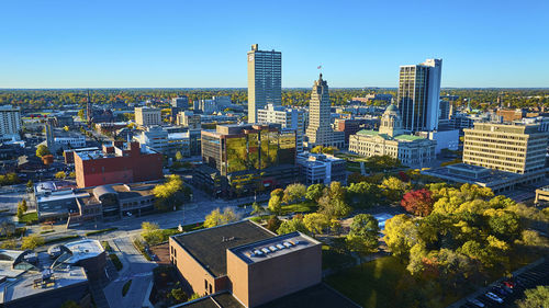 High angle view of cityscape against clear sky