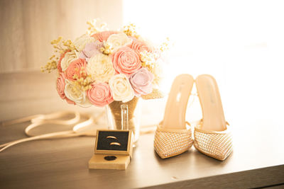 Close-up of rose bouquet on table