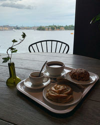 High angle view of breakfast on table