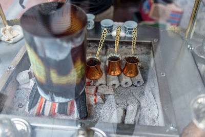 High angle view of wine in glass bottles