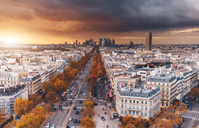 High angle view of city street during sunset