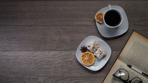 High angle view of breakfast on table