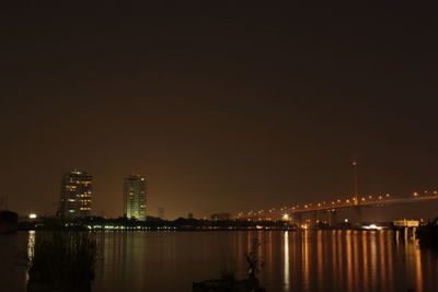 Illuminated city by river against clear sky at night