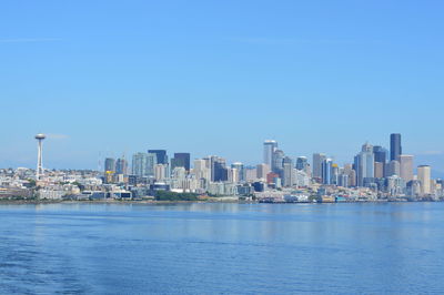 Sea and cityscape against clear blue sky