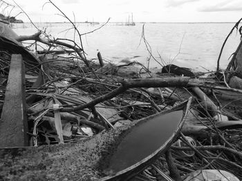 View of abandoned boat on beach