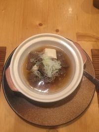 High angle view of soup in bowl on table