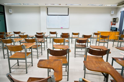 Empty chairs and tables in classroom