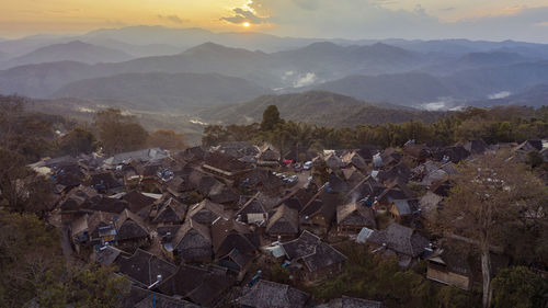 Aerial view of the remote nuogang dai village in lancang, yunnan - china