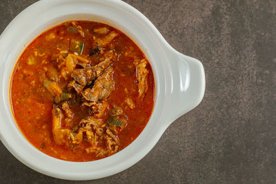 High angle view of soup in bowl on table