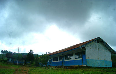 View of field against cloudy sky