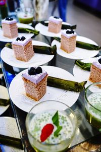 High angle view of dessert on table