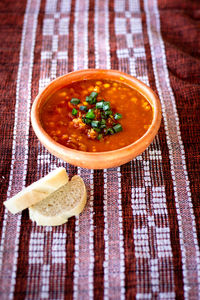 High angle view of soup served on table