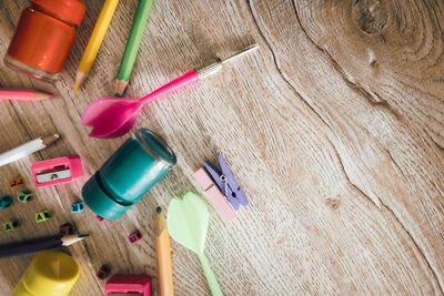 High angle view of colored pencils on table