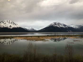 Scenic view of lake and snowcapped mountains against sky