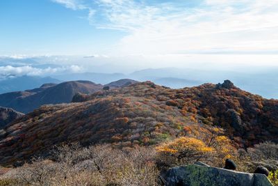 Scenic view of mountain against cloudy sky