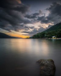 Scenic view of lake against sky during sunset