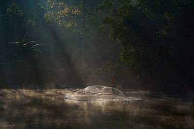 A fisherman is casting a fishing net to catch fish in the freshwater lake on 12 june 2021