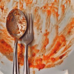 Close-up of spoon and fork in messy food plate