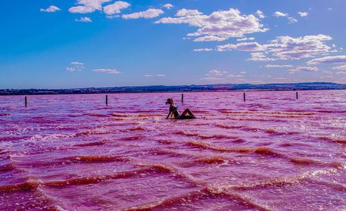 People on beach by sea against sky