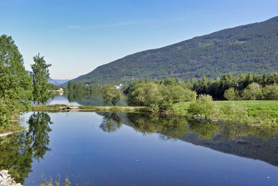 Scenic view of lake and mountains against sky