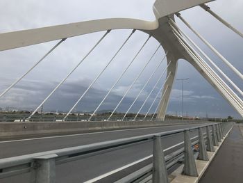 Low angle view of suspension bridge against sky