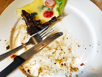 High angle view of breakfast in plate on table