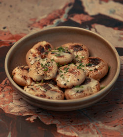 High angle view of food in bowl on table