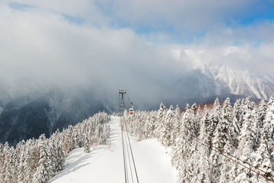 Snow covered land and mountains against sky